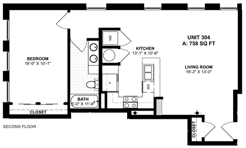 Floor plan for 1 bed, 1 bath, 758 sqft